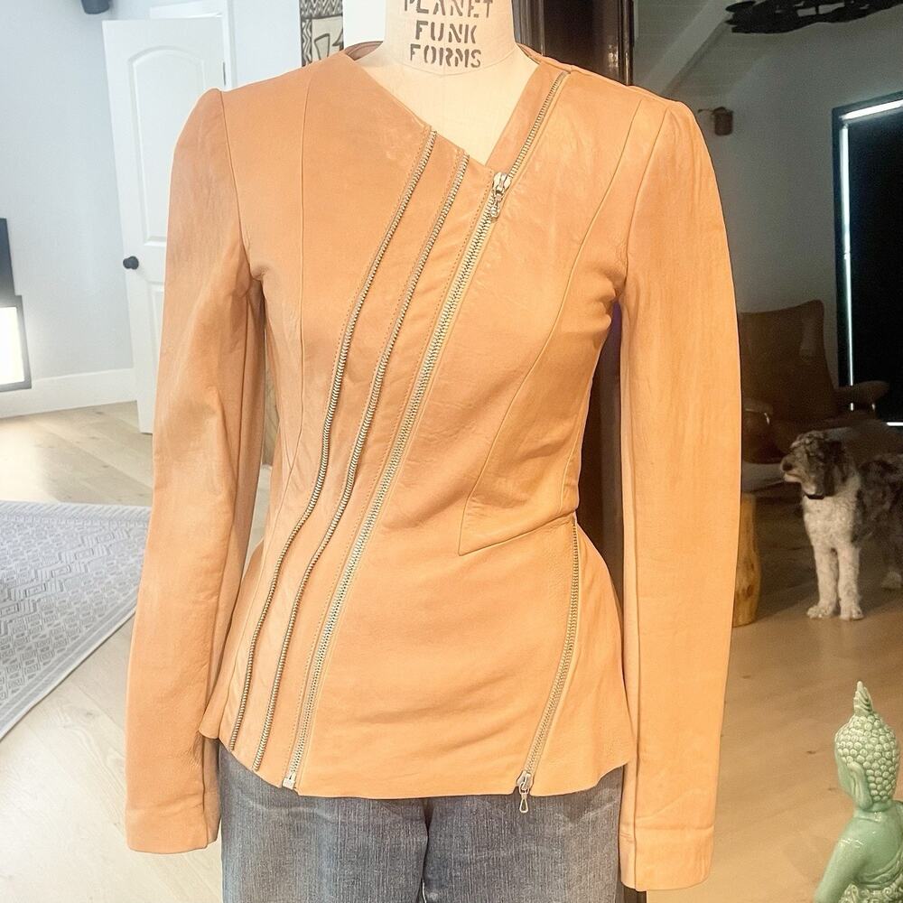 Willow Luxury Leather Tan Zip Front Jacket Lined Multiple Zippers Long Sleeve S
